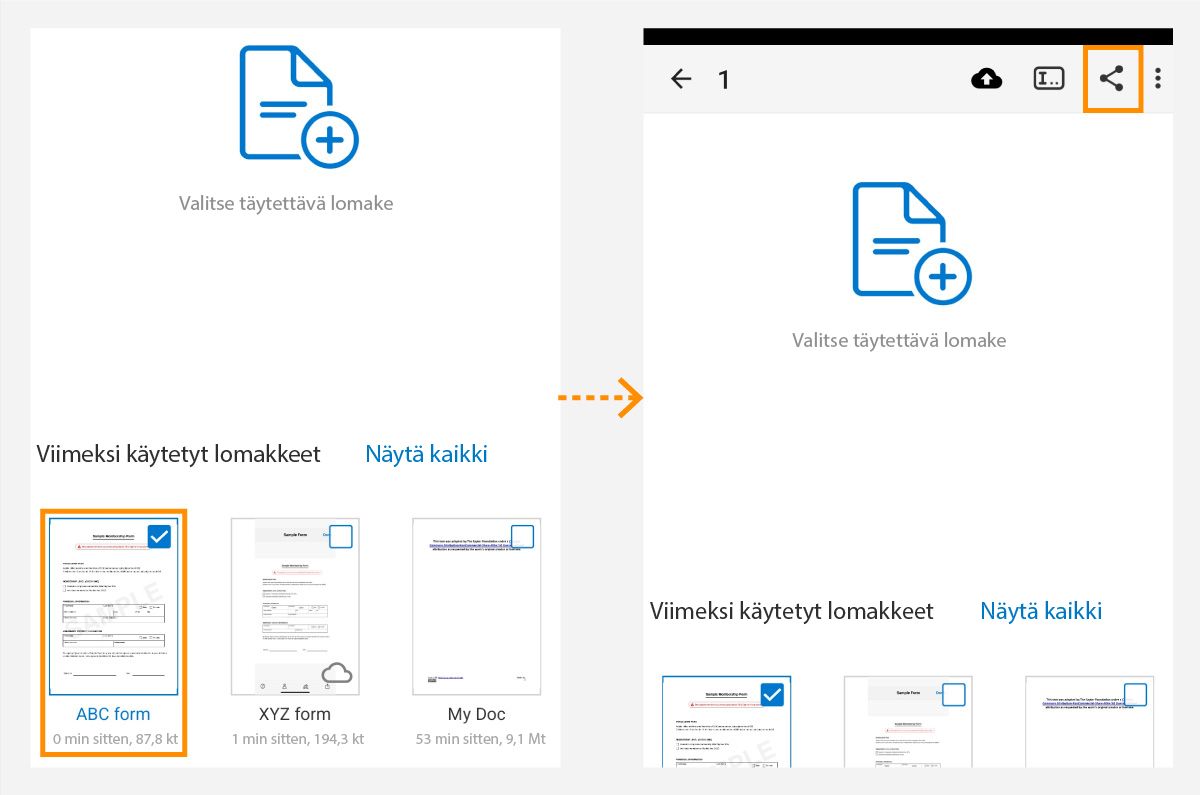 Jaa Täytä ja allekirjoita -Android-tiedostoja