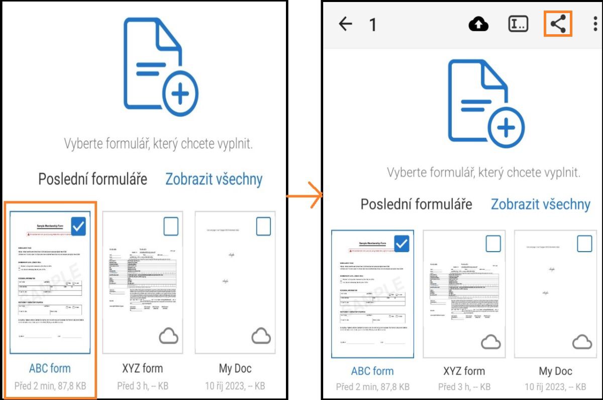Sdílení souborů aplikace Fill & Sign v systému Android