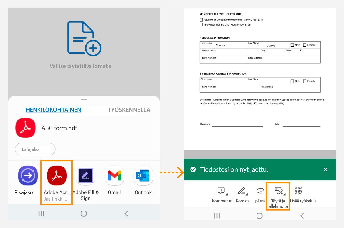 Android-tiedostojen avaaminen Acrobat Readerissa