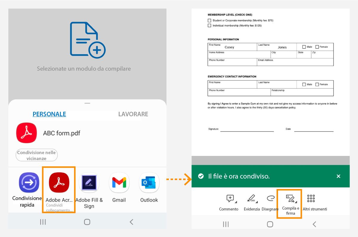 Accesso ai file Android su Acrobat Reader