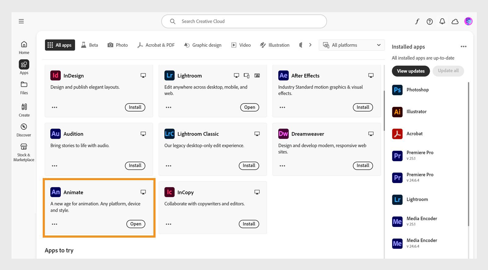 Creative Cloud masaüstü uygulamasında Animate