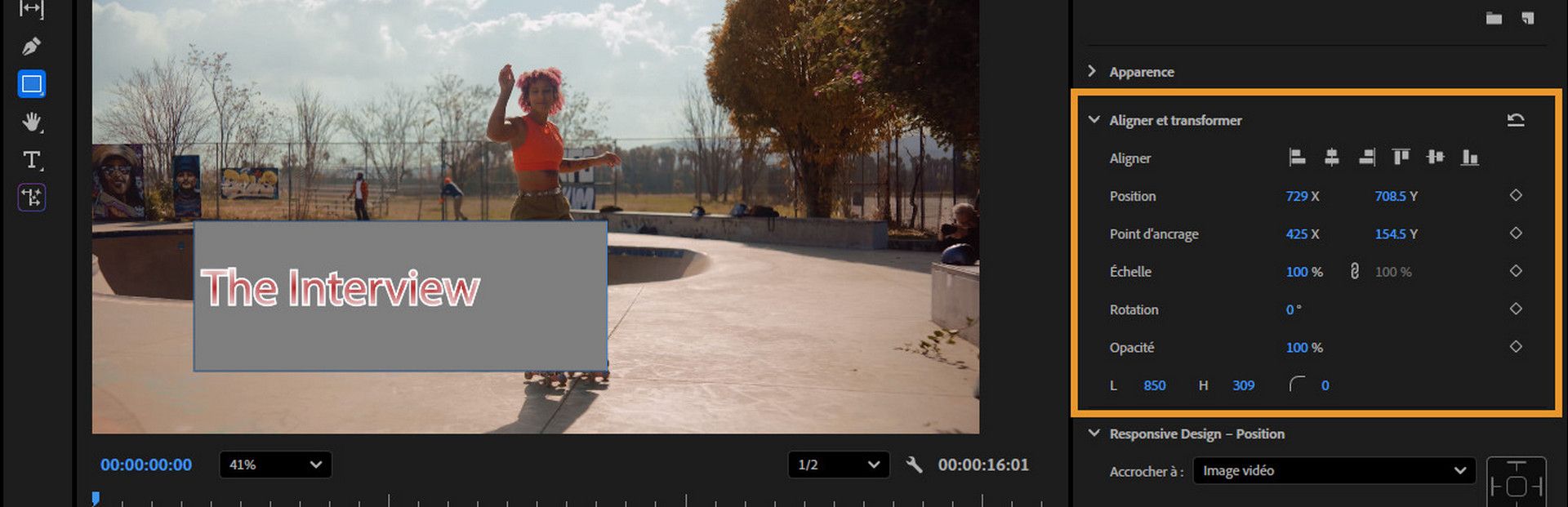Panneau Propriétés affichant les contrôles d'animation pour la position, le point d'ancrage, l'échelle, la rotation et l'opacité, avec des icônes d'images clés mises en évidence, dans le but d’animer un calque.