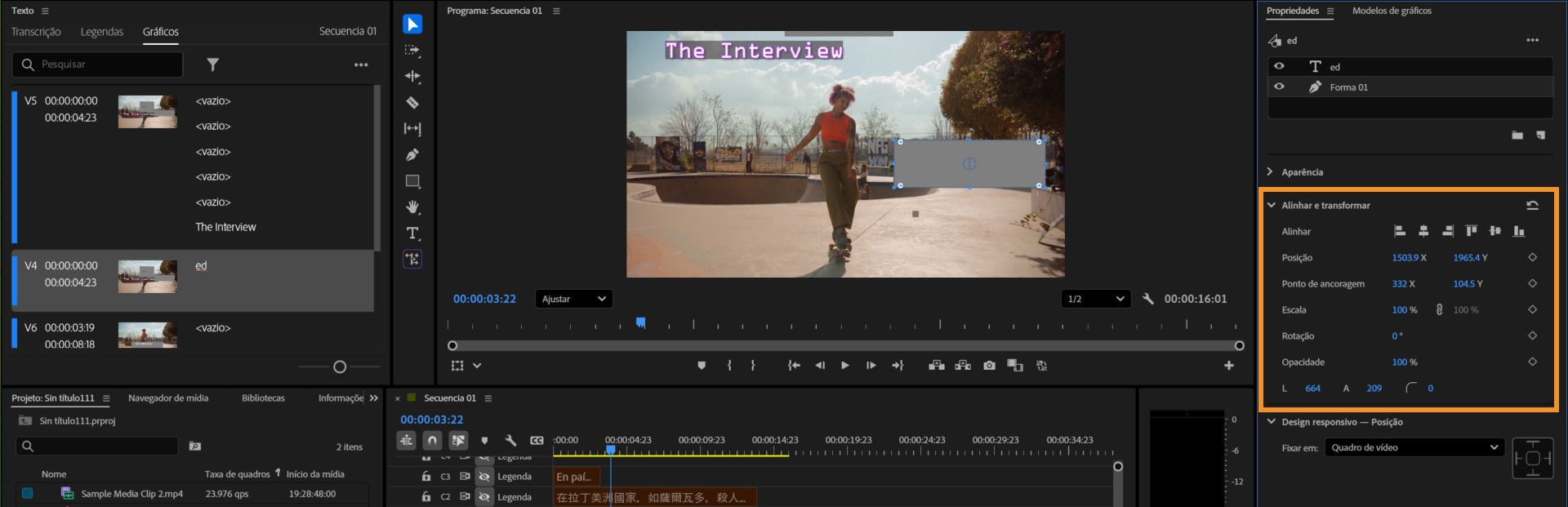 Painel “Propriedades”, mostrando controles de animação para posição, ponto de ancoragem, escala, rotação e opacidade, com ícones de quadros-chave realçados para animar uma camada.