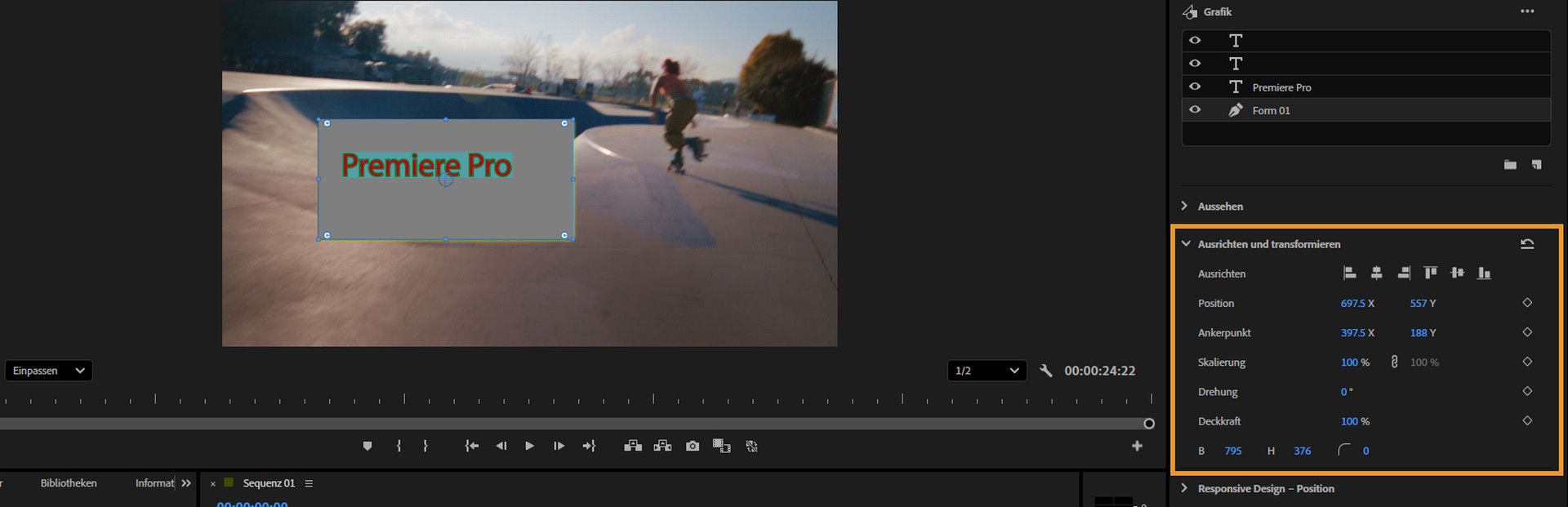 Bedienfeld „Eigenschaften“ mit Animationssteuerungen für Position, Ankerpunkt, Skalierung, Drehung und Deckkraft, wobei Keyframe-Symbole für die Animation einer Ebene hervorgehoben sind.