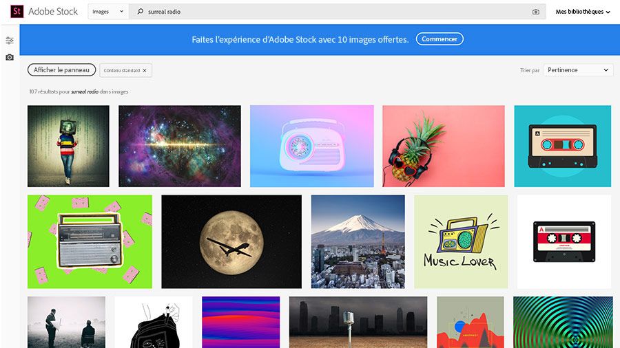 Sur le site web d’Adobe Stock, l’expression « surreal radio » est saisie dans le champ de recherche.