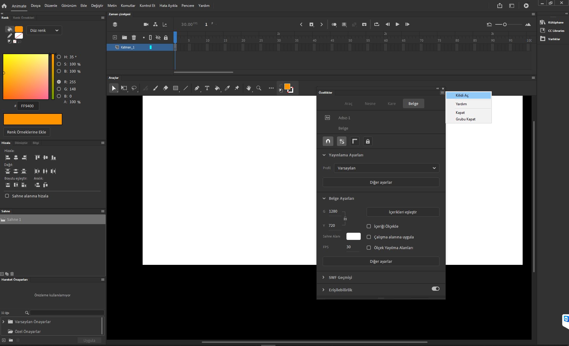 Kilitleme seçeneğine sahip Animate panelleri