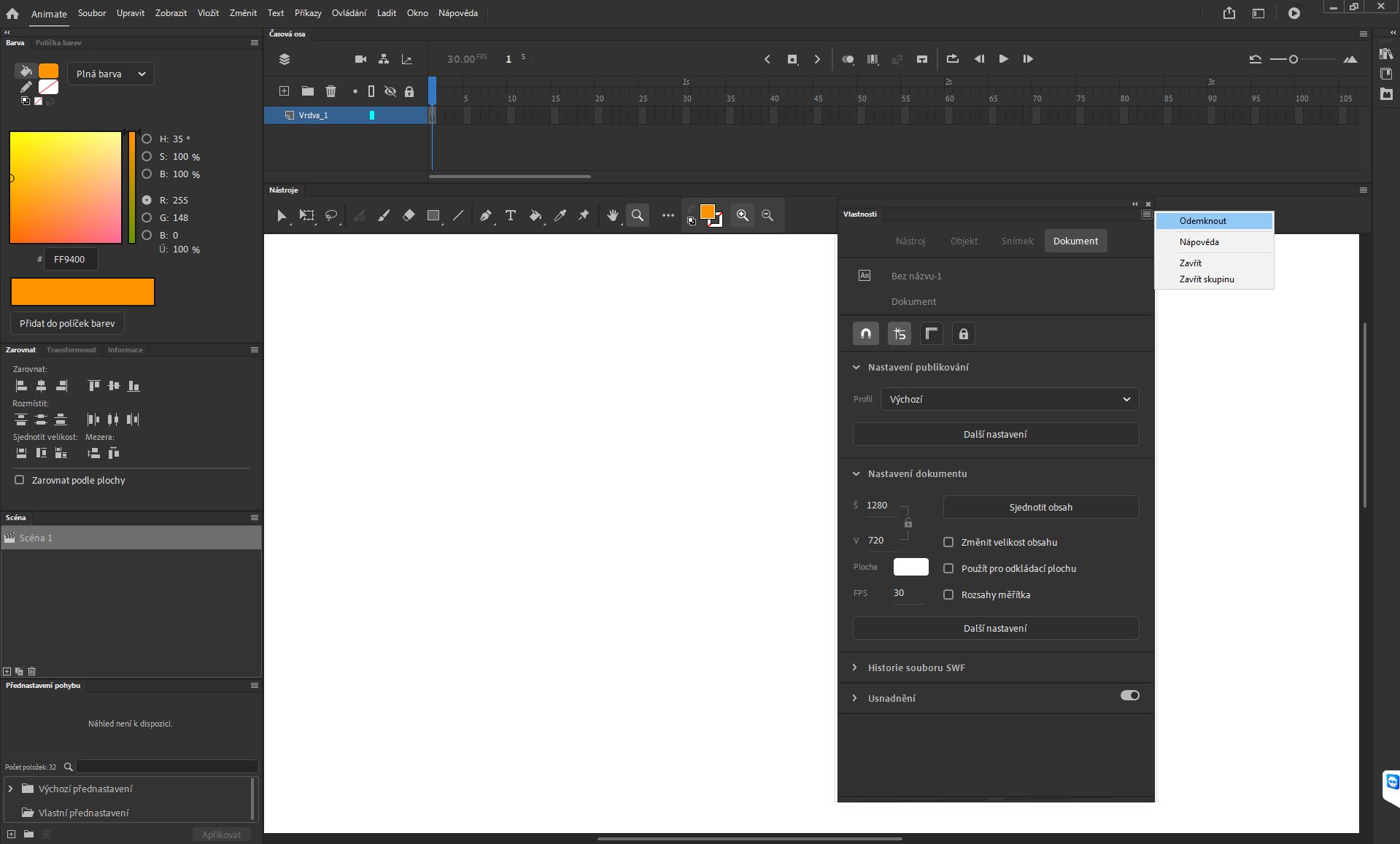 Panely aplikace Animate s možností uzamčení