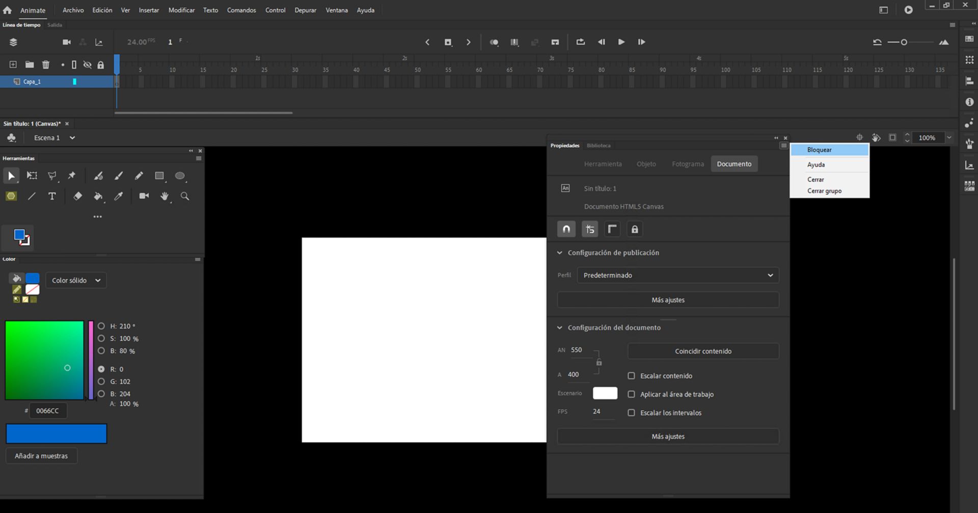 Paneles de Animate con la opción de bloqueo