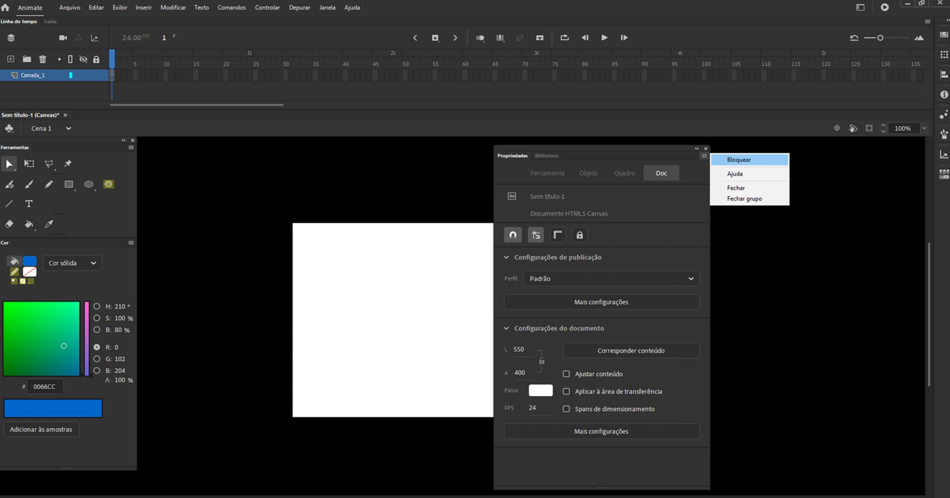 Painéis do Animate com a opção de bloqueio