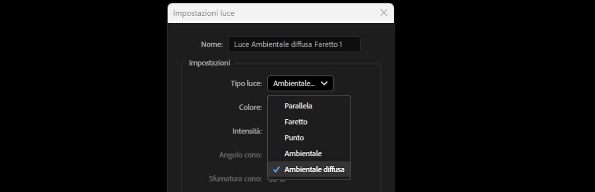 Nella finestra di dialogo Impostazioni luce, è selezionato Ambiente dall’elenco a discesa Tipo luce.