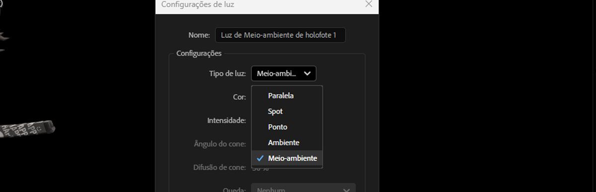 Na caixa de diálogo Configurações de luz, Ambiente está selecionado na lista suspensa Tipo de luz.