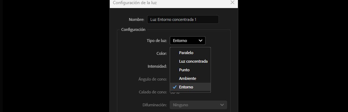 En el cuadro de diálogo Configuración de luz, seleccione Entorno en la lista desplegable Tipo de luz.