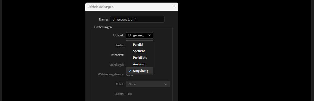 Wähle im Dialogfeld „Lichteinstellungen“ in der Dropdown-Liste „Lichttyp“ die Option „Umgebung“ aus.