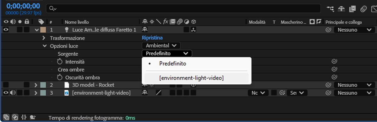 Seleziona il livello con il file video dall’elenco a discesa Sorgente.