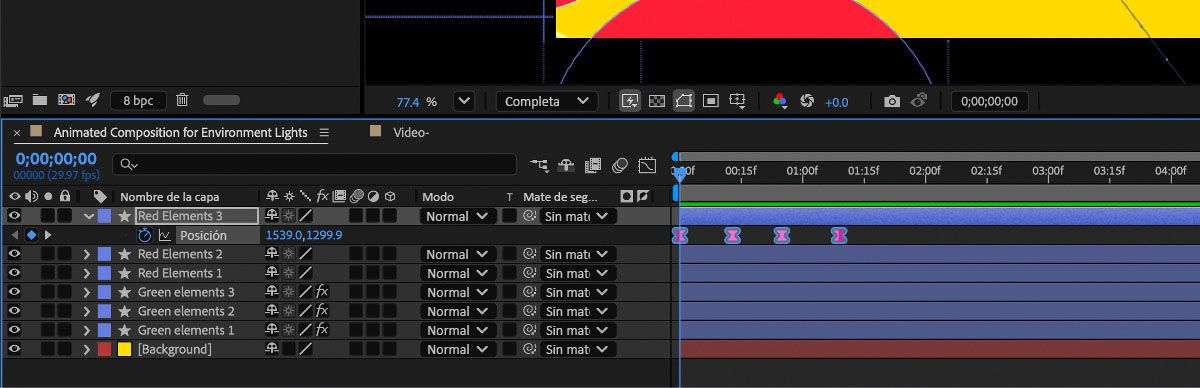 El panel Línea de tiempo muestra capas de forma y fotogramas clave de animación.