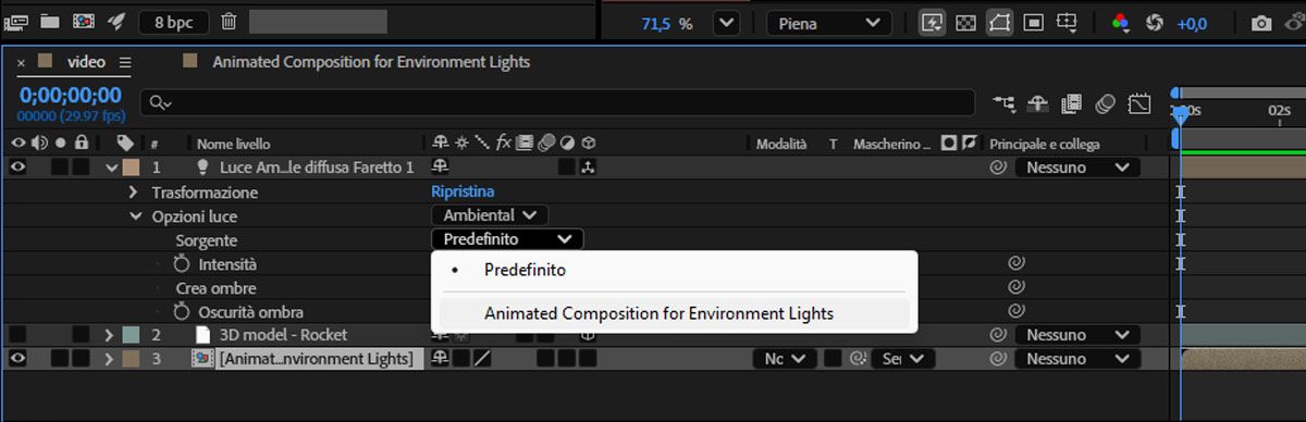 Seleziona il livello con il file video dall’elenco a discesa Sorgente.