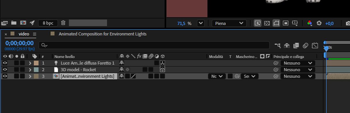 Nel pannello della Timeline viene aggiunta una composizione come livello.