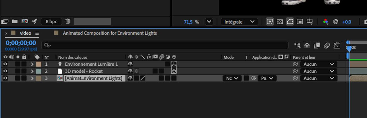 Une composition est ajoutée en tant que calque dans le panneau Montage.