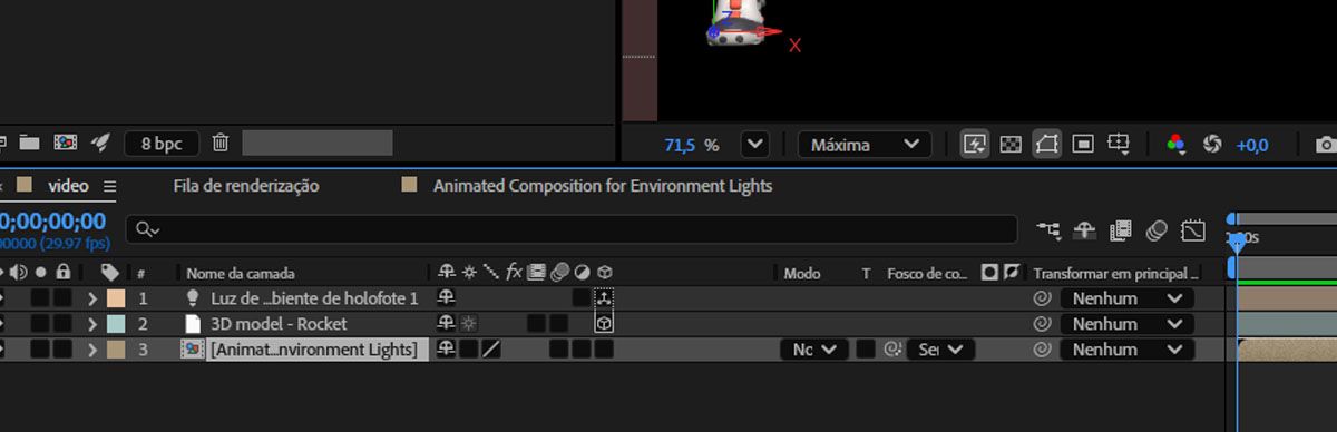 Uma composição é adicionada como uma camada no painel Linha do tempo.