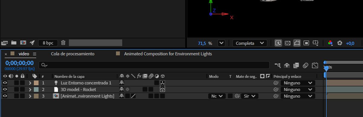 Se añade una composición como capa en el panel Línea de tiempo.