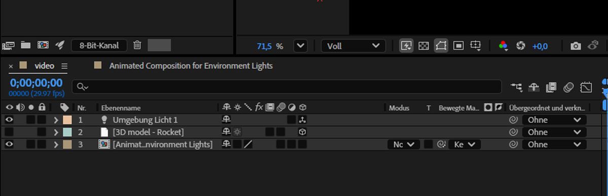 Im Bedienfeld „Zeitleiste“ wird eine Komposition als Ebene hinzugefügt.
