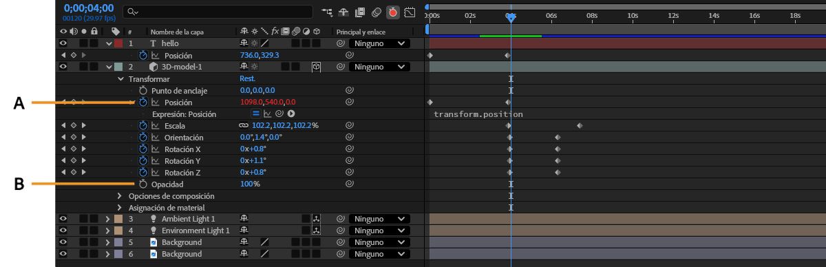 En el panel Línea de tiempo, las propiedades de transformación de una capa 3D están expandidas.Estas propiedades tienen cronómetros activos e inactivos que indican su estado de animación.Todas las propiedades están habilitadas excepto Opacidad y Punto de anclaje.