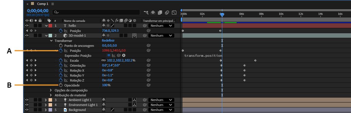 No painel “Linha do tempo”, as propriedades de “Transformar” de uma camada 3D estão expandidas. Essas propriedades têm cronômetros ativos e inativos indicando seu status de animação.Todas as propriedades estão habilitadas, exceto “Opacidade” e “Ponto de ancoragem”.