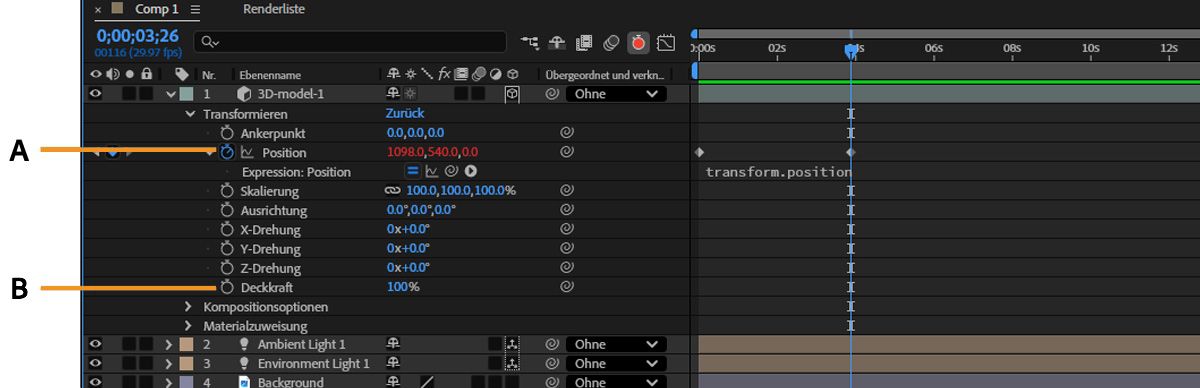 Im Bedienfeld „Zeitleiste“ werden die Eigenschaften „Transformieren“ der 3D-Ebenen angezeigt. Diese Eigenschaften haben aktive und inaktive Stoppuhren, die ihren Animationsstatus anzeigen.Alle Eigenschaften sind aktiviert, außer Deckkraft und Ankerpunkt.
