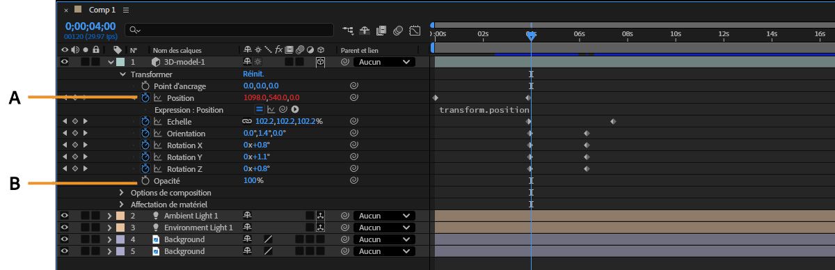 Dans le panneau Montage, les propriétés Transformation d’un calque 3D sont étendues.Ces propriétés ont des chronomètres actifs et inactifs indiquant leur statut d’animation.Toutes les propriétés sont activées à l’exception de l’opacité et du point d’ancrage.