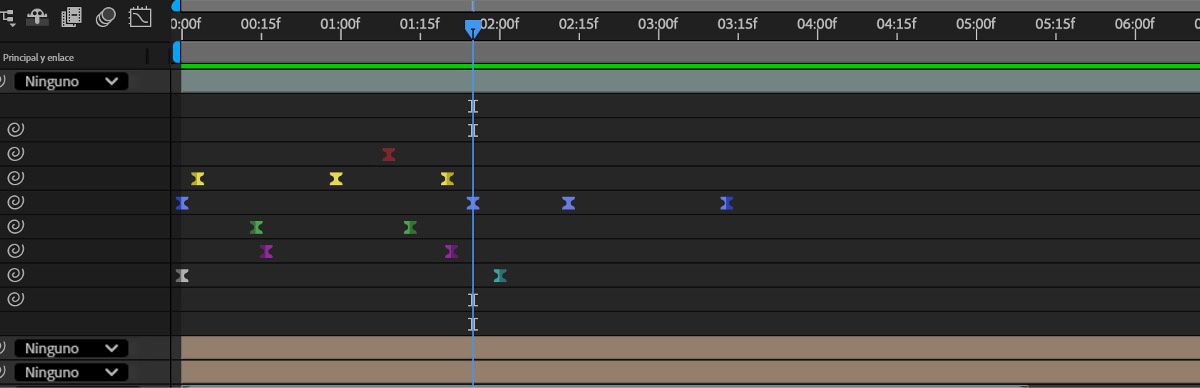 El panel Línea de tiempo está abierto y hay varios fotogramas clave para diferentes propiedades de una capa.Todos los fotogramas clave tienen diferentes etiquetas de color y tienen aplicada una Aceleración de entrada y una Aceleración de salida.