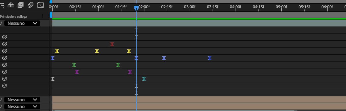 Il pannello Timeline è aperto e ci sono più fotogrammi chiave per diverse proprietà di un livello.Tutti i fotogrammi chiave hanno etichette di colore diverse e hanno applicato Attenuazione in entrata e Attenuazione in uscita.
