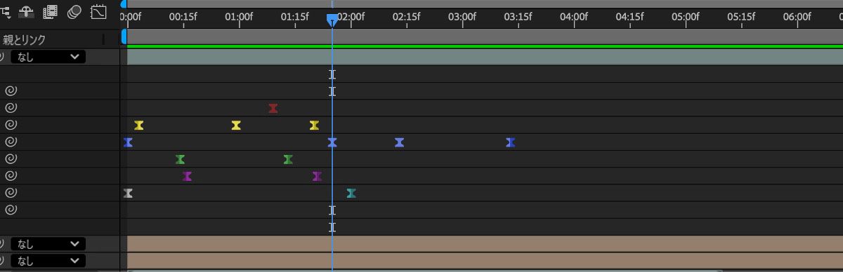 タイムラインパネルが開いており、レイヤーの異なるプロパティに対して複数のキーフレームがあります。すべてのキーフレームには異なる色のラベルが付けられ、イーズインとイーズアウトが適用されています。