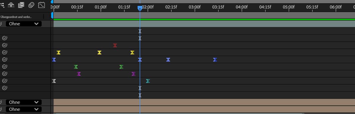 Das Zeitleistenbedienfeld ist geöffnet und es gibt mehrere Keyframes für verschiedene Eigenschaften einer Ebene.Alle Keyframes haben unterschiedliche Farbkennzeichnungen und haben Ease In und Ease Out angewendet.