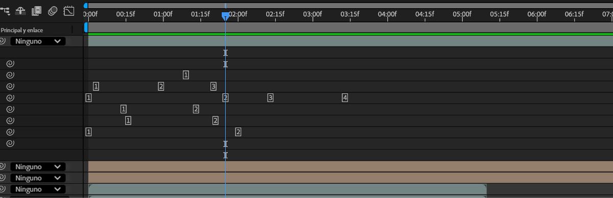En el panel Línea de tiempo, se ven varios fotogramas clave para diferentes propiedades de una capa.Estos fotogramas clave marcan los puntos exactos en el tiempo donde ocurren los cambios de propiedad.Los fotogramas clave se muestran como índices para referencia en expresiones o scripts.