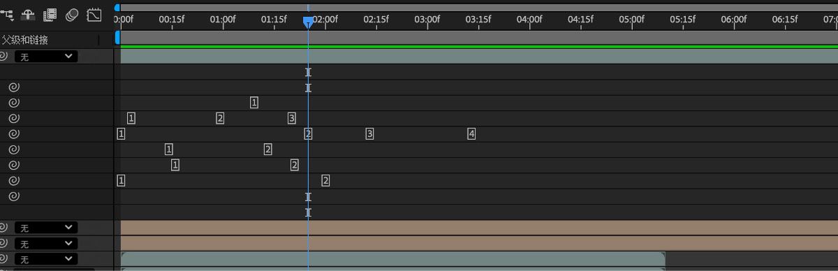 在“时间轴”面板中，显示图层不同属性的多个关键帧。这些关键帧标记了属性变化的确切时间点。关键帧显示为索引，以便在表达式或脚本中引用。