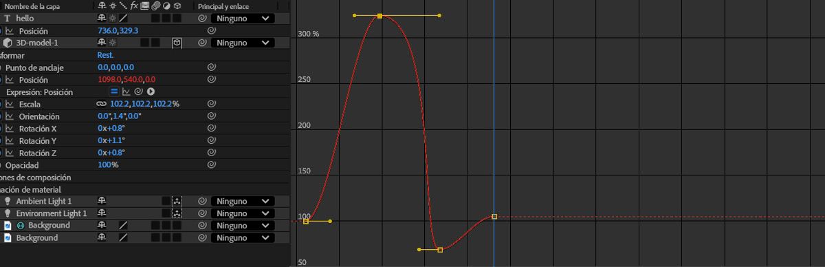 En el panel Línea de tiempo, las propiedades de transformación se expanden, mostrando una lista de propiedades activas e inactivas.Los valores de las propiedades se representan como gráficos bidimensionales, y los controles de dirección están disponibles para refinar las curvas de animación y lograr transiciones más suaves.