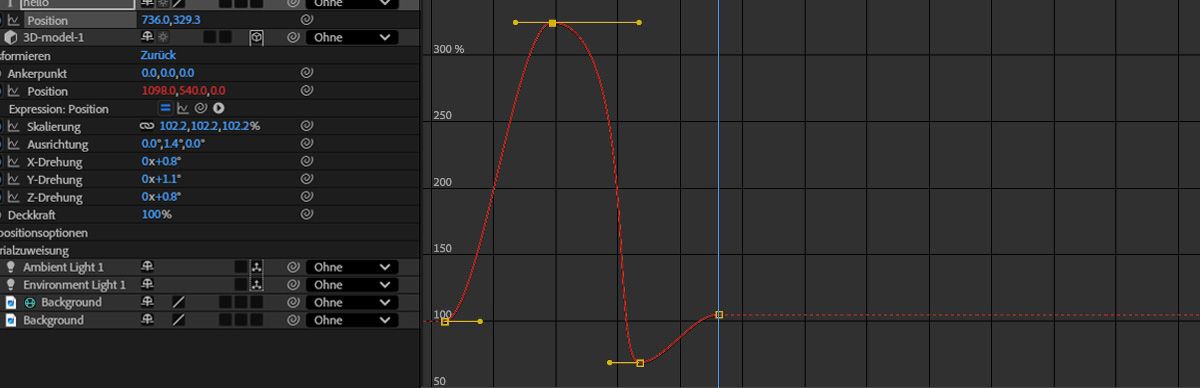 Im Zeitleistenbedienfeld sind die Transformationseigenschaften erweitert und zeigen eine Liste sowohl aktiver als auch inaktiver Eigenschaften.Die Eigenschaftswerte werden als zweidimensionale Grafiken dargestellt, und Richtungsgriffe sind verfügbar, um Animationskurven für sanftere Übergänge zu verfeinern.