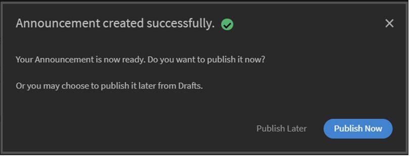 Announcement created successfully