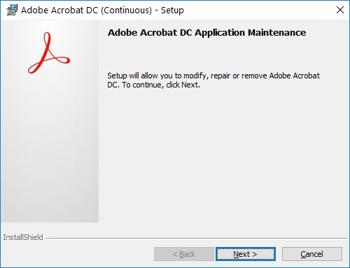 Диалоговое окно «Приложение: Обслуживание» для Acrobat