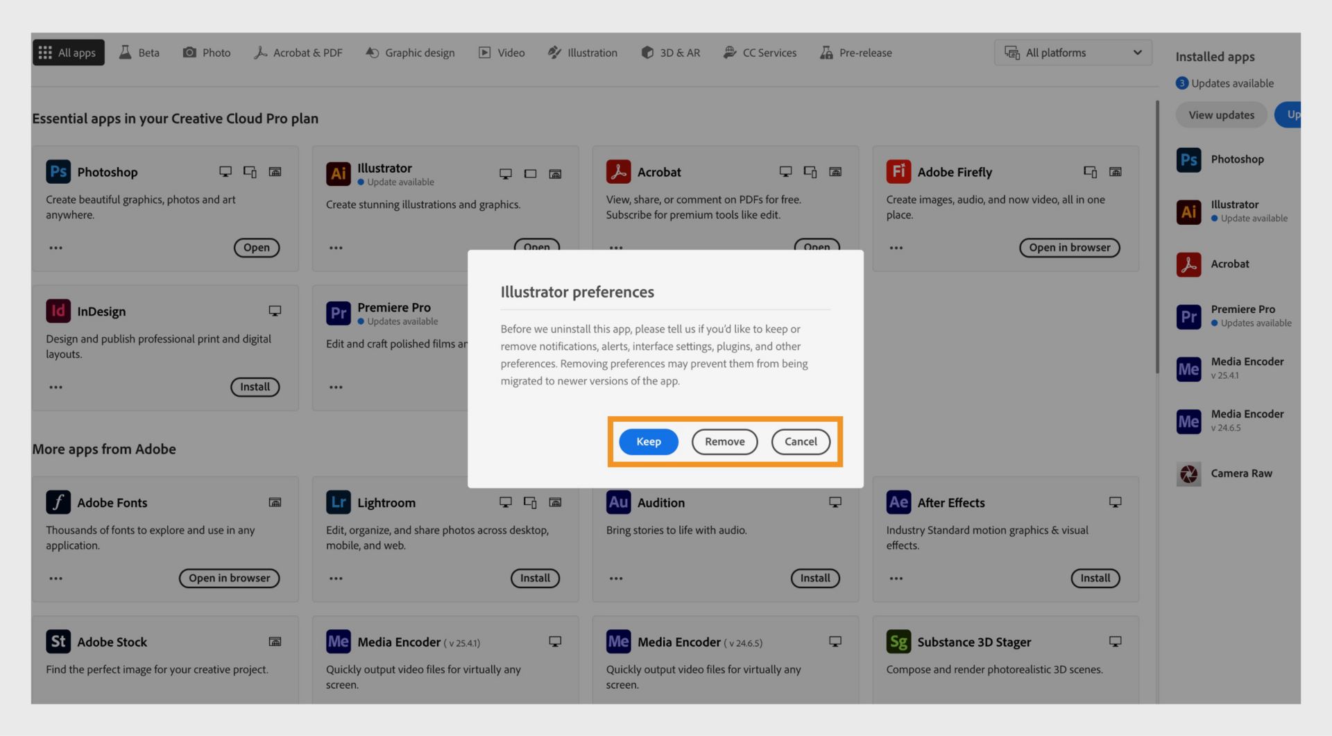La ventana de preferencias le pregunta si quiere conservar o quitar notificaciones, alertas, complementos y otras preferencias. También puede cancelar el proceso de desinstalación. 