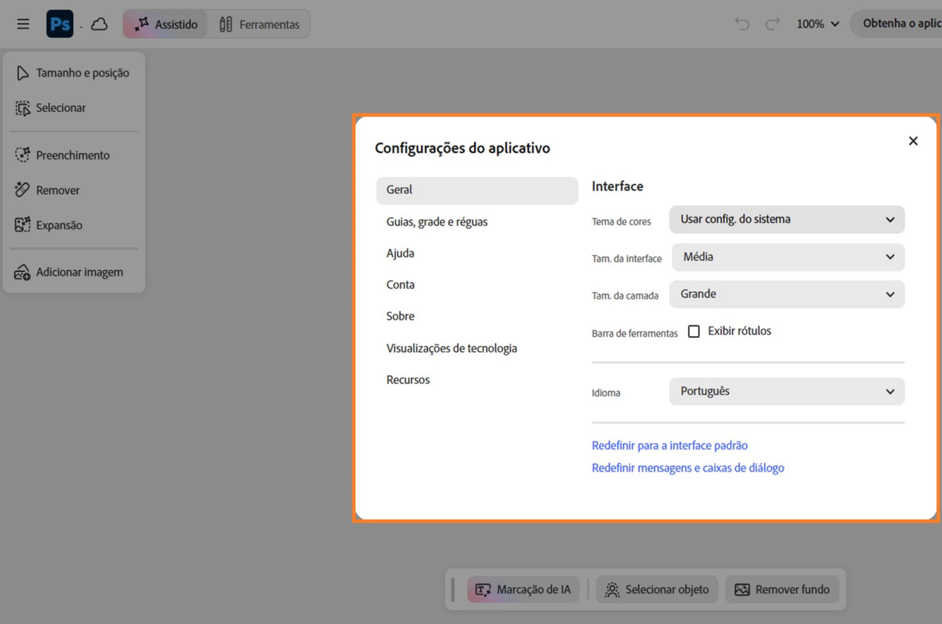A caixa de diálogo Configurações do aplicativo está aberta, exibindo categorias de configurações como Geral, Guias, grade e réguas, Ajuda, Conta e outras.