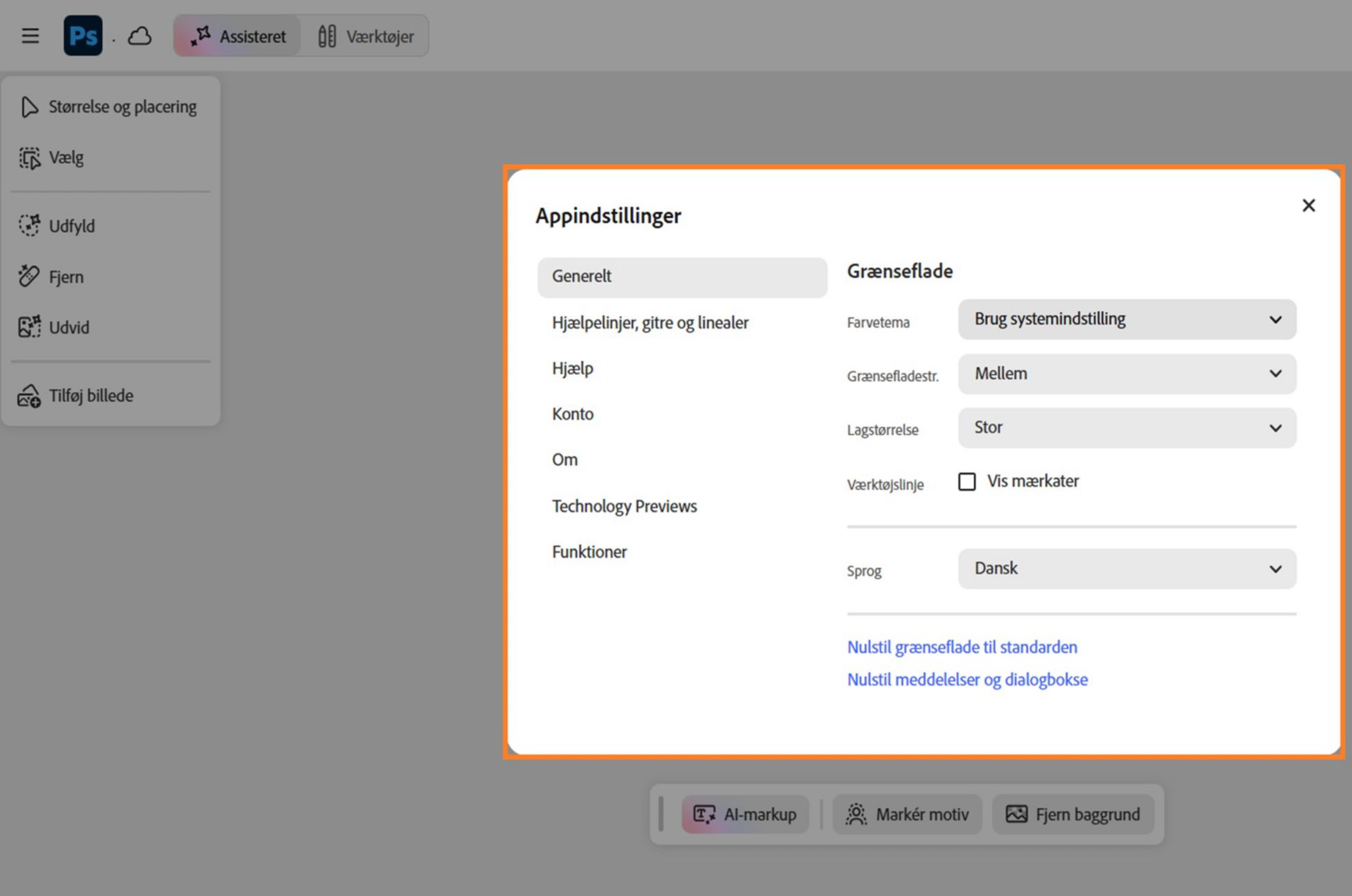 Dialogboksen App-indstillinger er åben og viser indstillingskategorier som Generelt, Guides, gitter og linealer, Hjælp, Konto og mere.