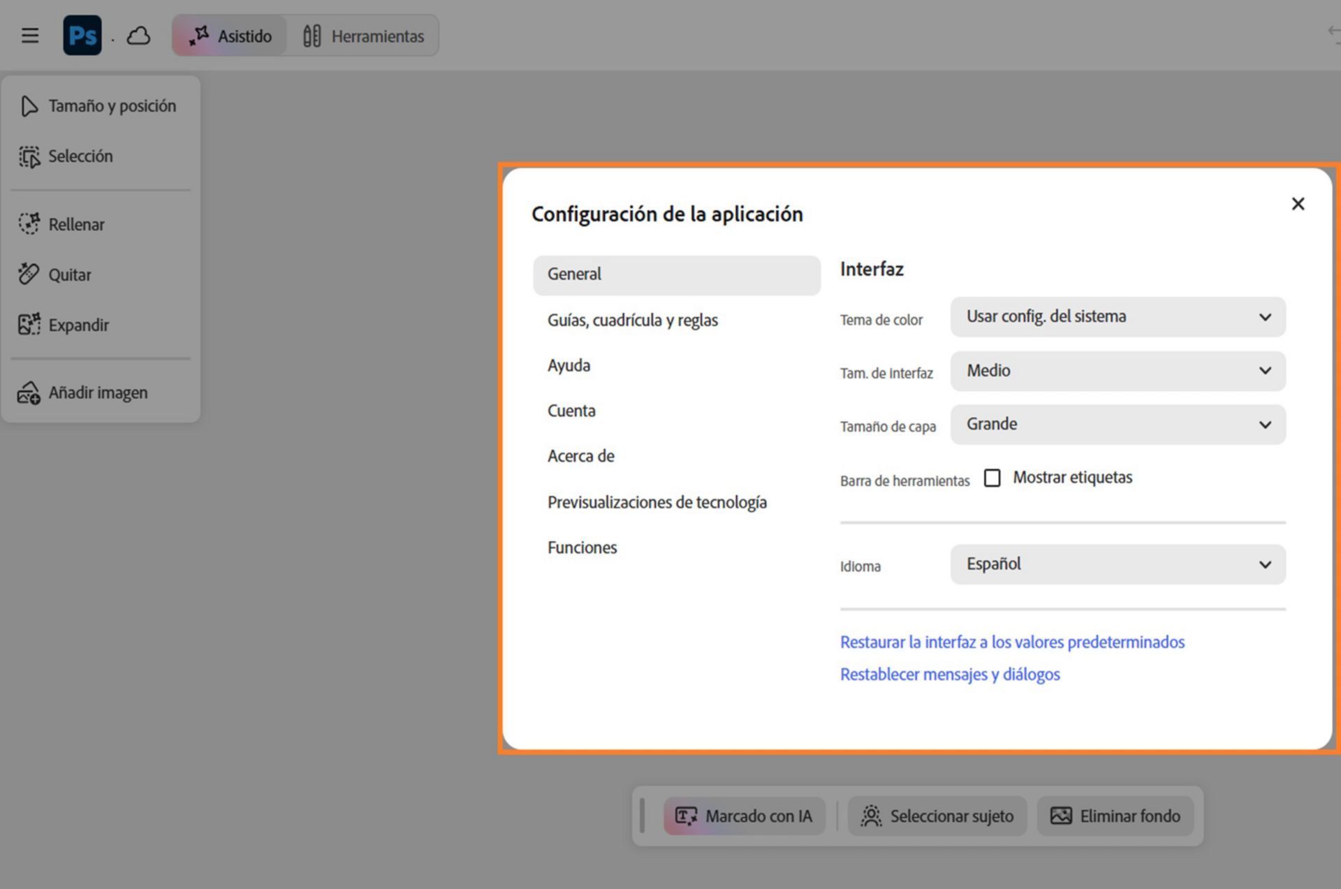 El cuadro de diálogo Configuración de la aplicación está abierto y muestra categorías de configuración como General, Guides, cuadrícula y reglas, Ayuda, Cuenta y más.