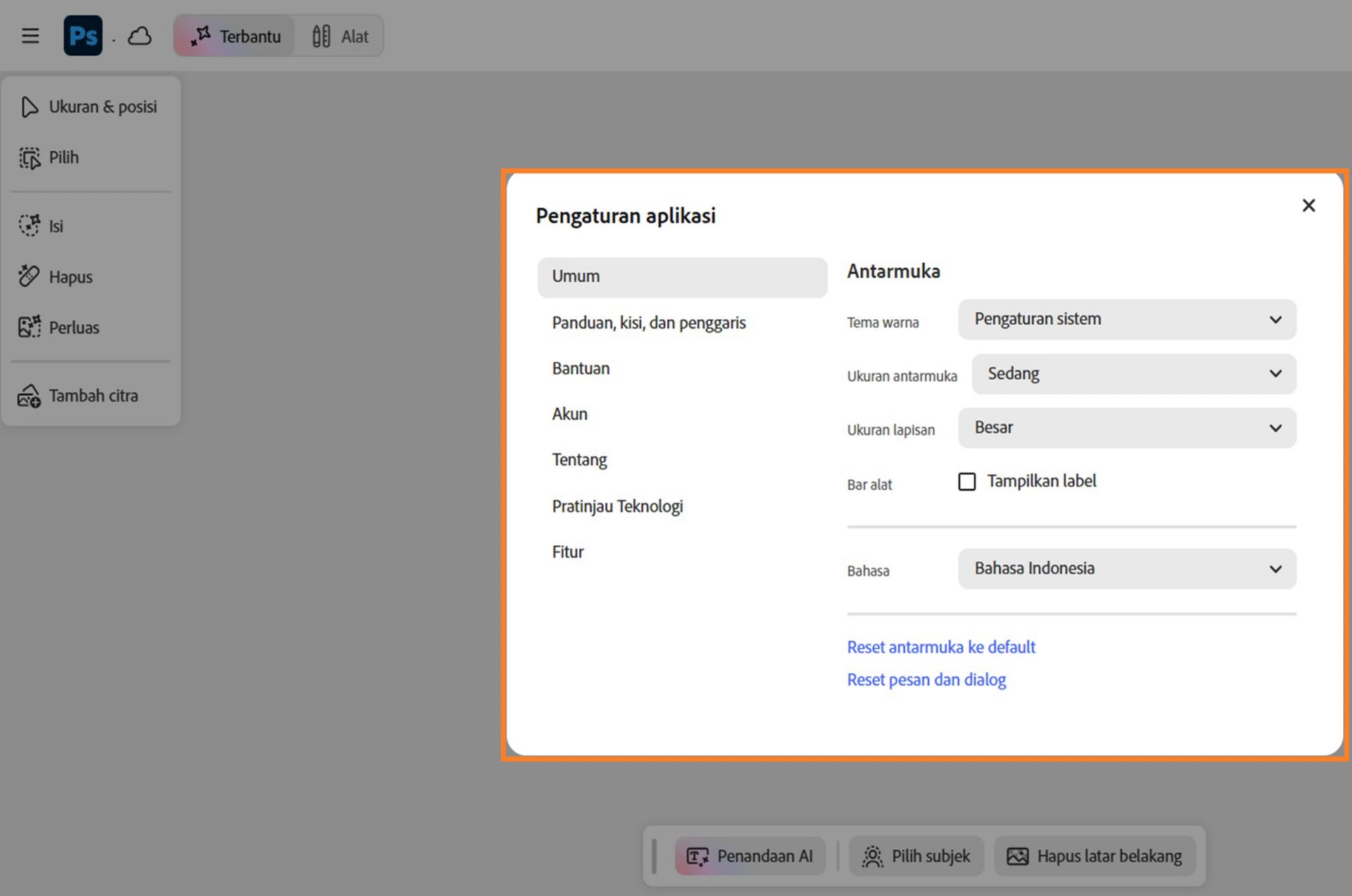 Kotak dialog pengaturan aplikasi terbuka, menampilkan kategori pengaturan seperti Umum, Guides, grid dan penggaris, Bantuan, Akun, dan lainnya.