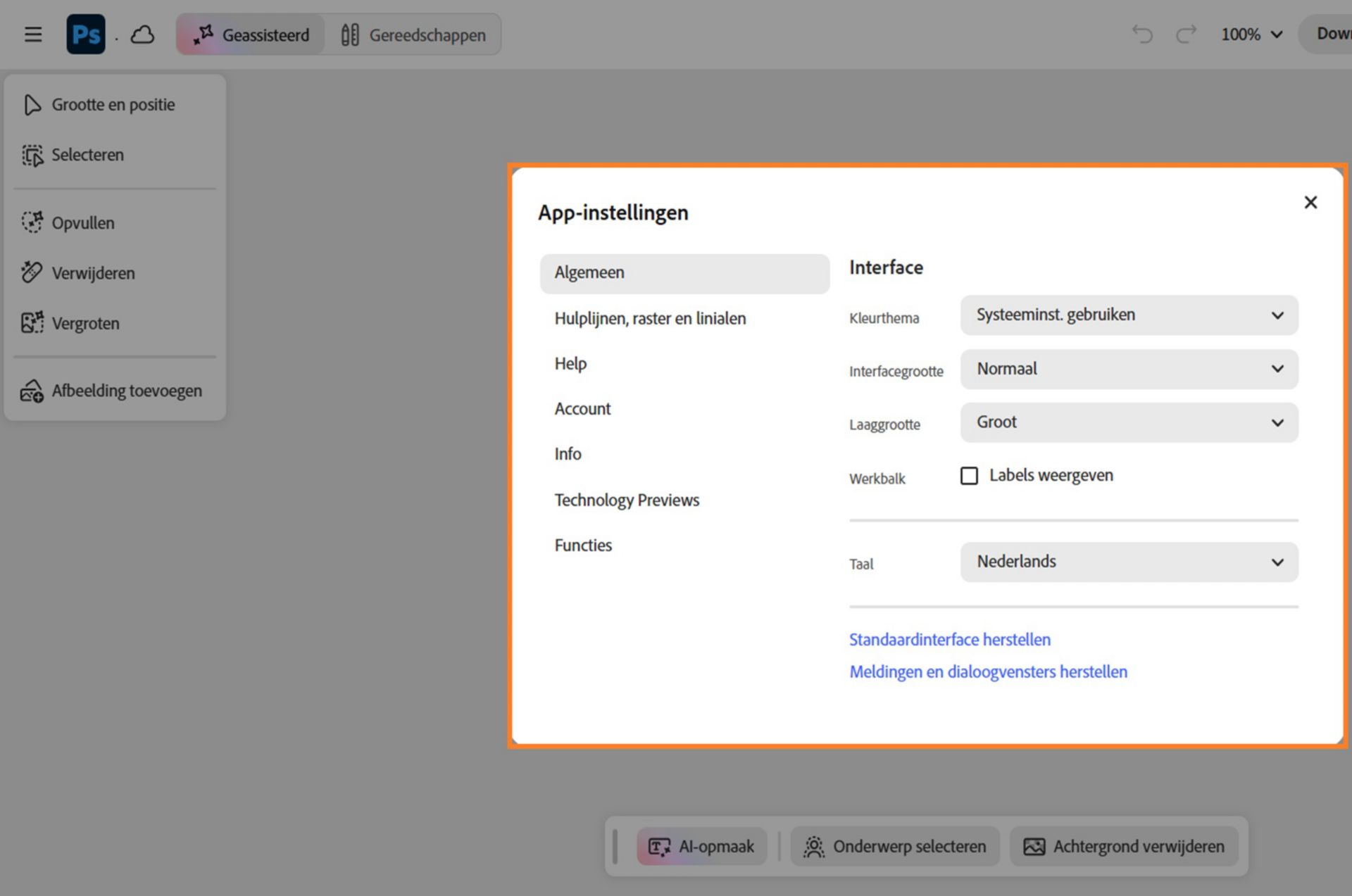 Het dialoogvenster App-instellingen is geopend en toont instellingscategorieën zoals Algemeen, Hulplijnen, raster en linialen, Help, Account en meer.