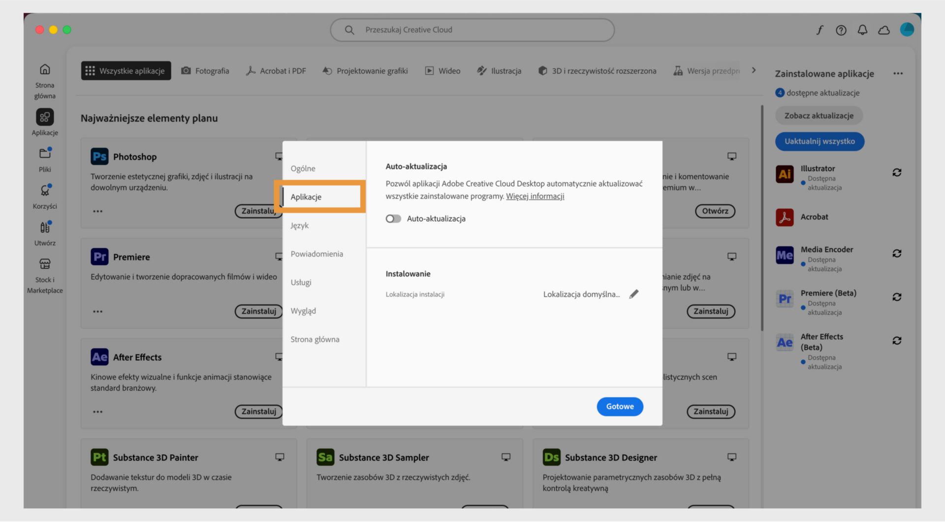Panel preferencji Adobe Creative Cloud otwarty na karcie „Aplikacje", pokazujący opcje automatycznej aktualizacji, lokalizacji instalacji i wykorzystania przepustowości.