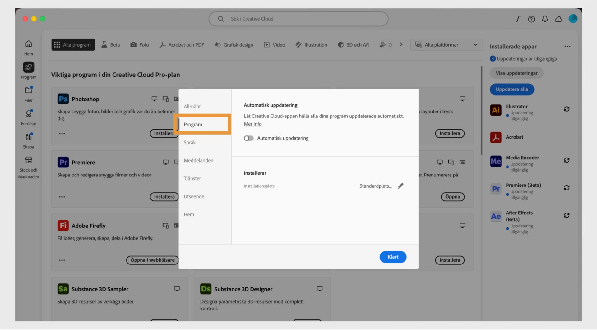 Adobe Creative Cloud inställningspanel öppen på fliken Appar, som visar alternativ för automatisk uppdatering, installationsplats och bandbreddsanvändning.