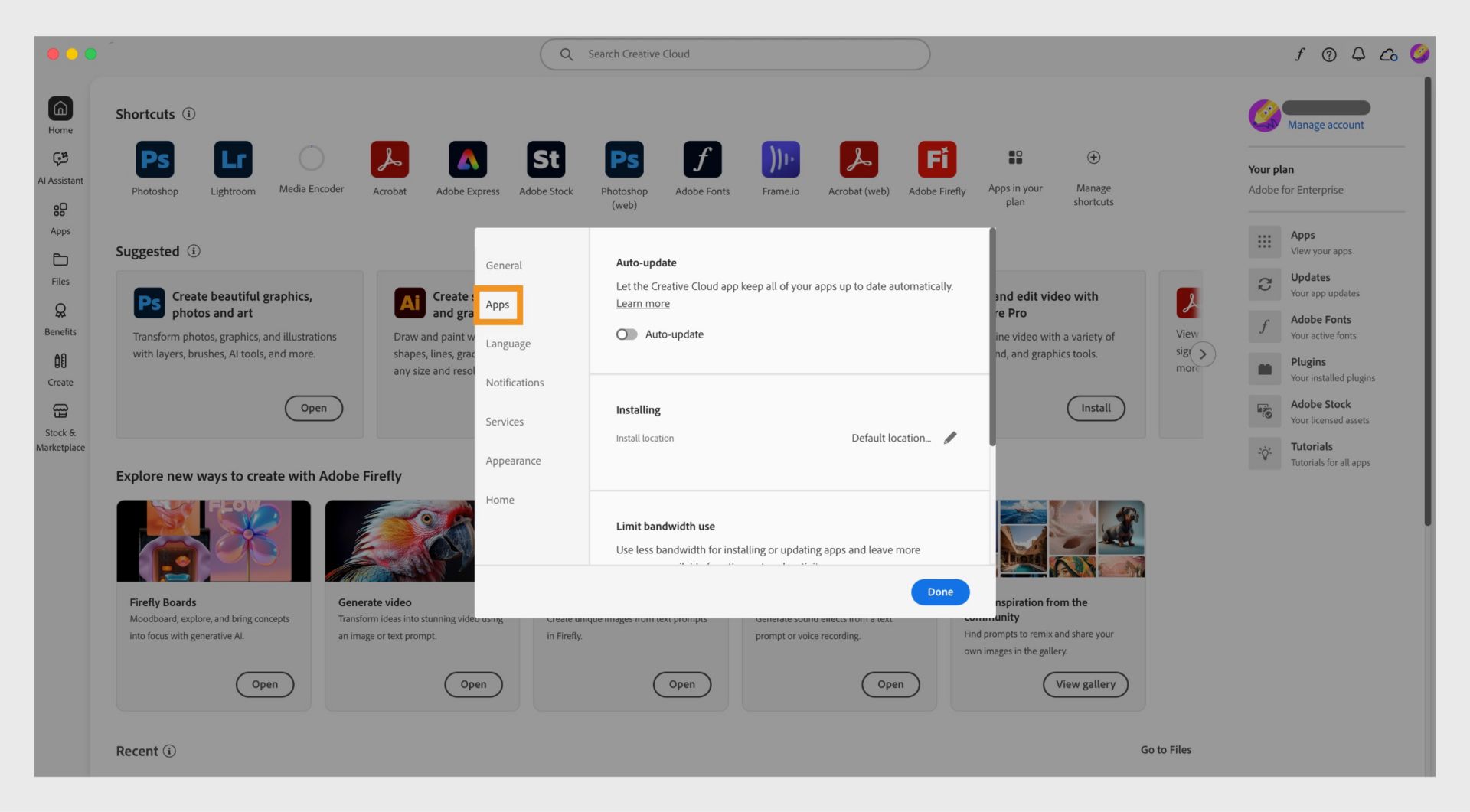 Panoul de preferințe Adobe Creative Cloud deschis în fila „Aplicații", afișând opțiuni pentru actualizare automată, locația de instalare și utilizarea lățimii de bandă.