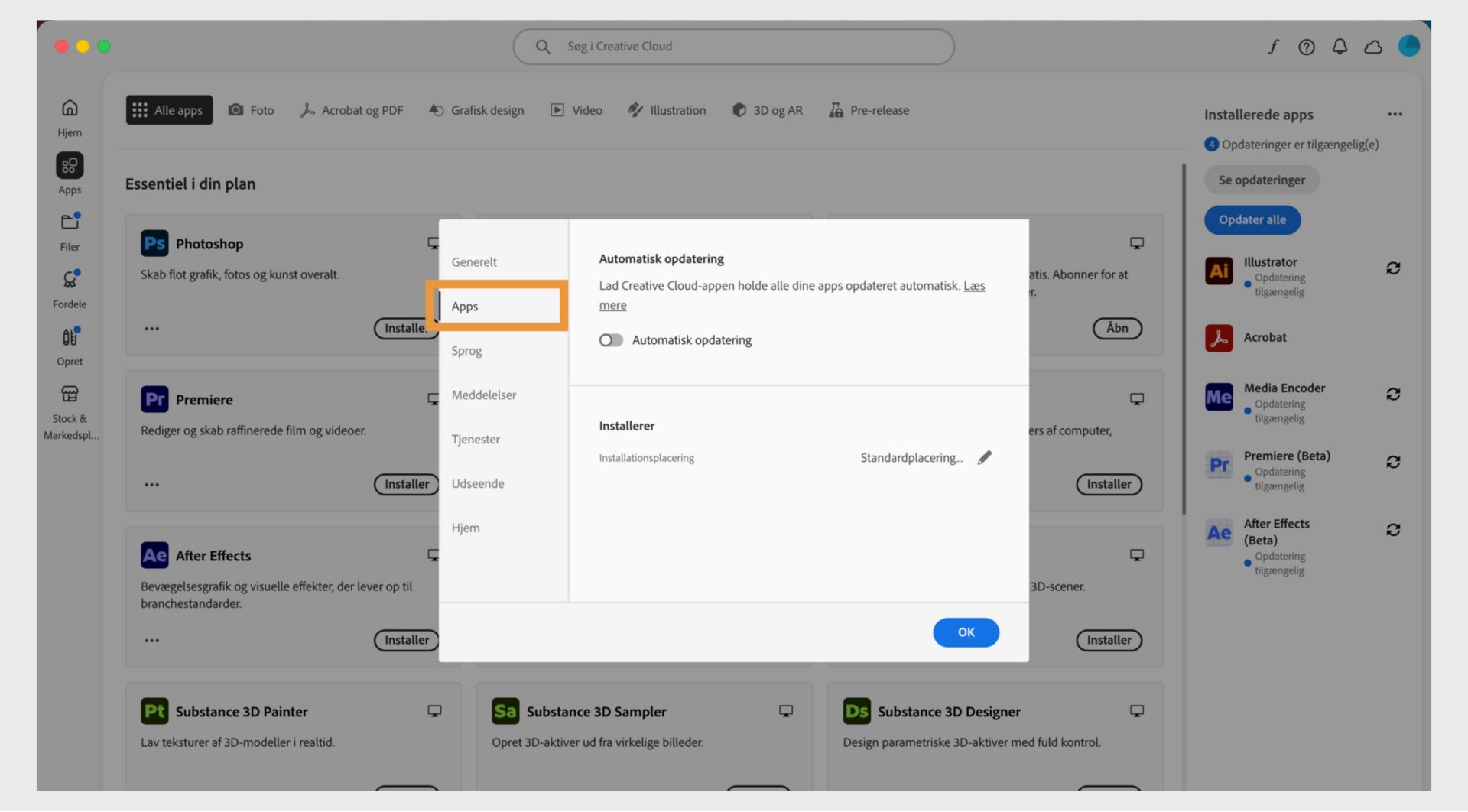 Panelet Præferencer, der er åbent i Adobe Creative Cloud på fanen "Apps" og viser indstillinger for automatisk opdatering, installationsplacering og båndbreddeforbrug.