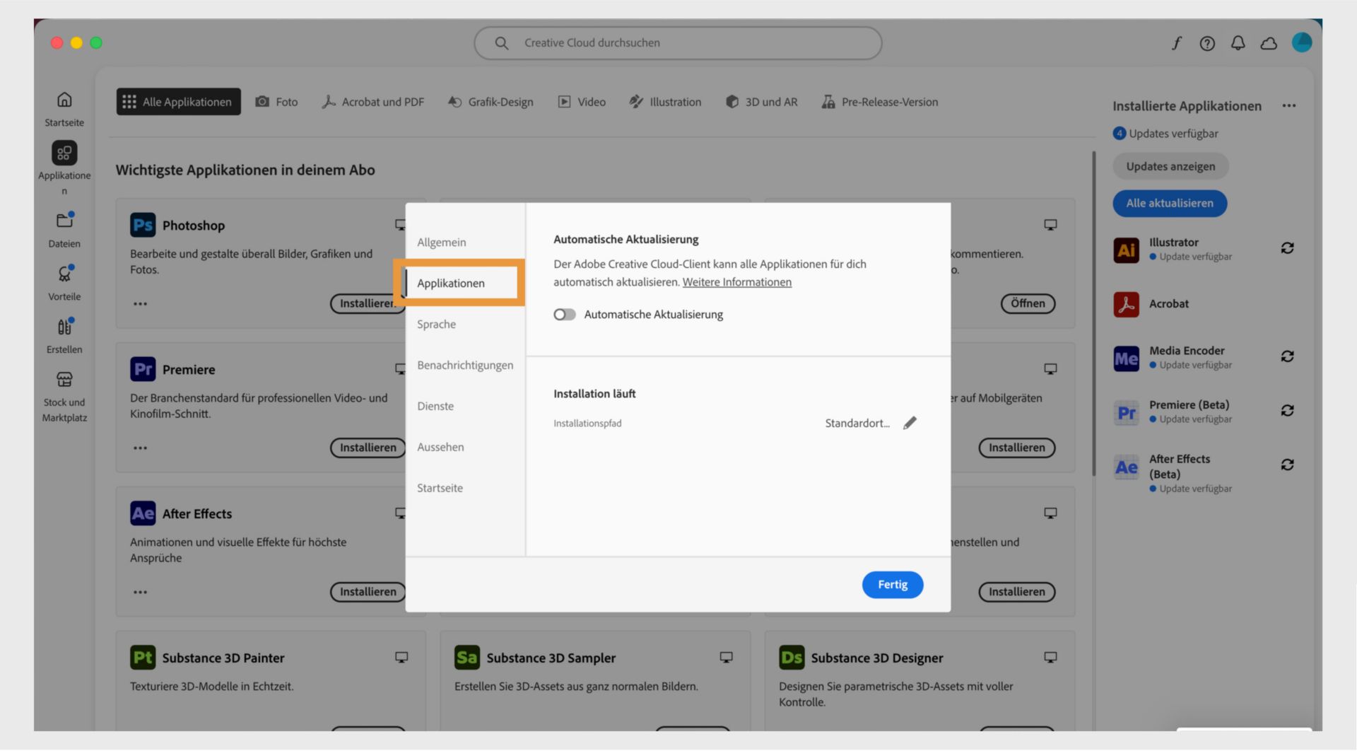Das Einstellungsfenster von Adobe Creative Cloud wird auf der Registerkarte „Apps“ geöffnet und zeigt Optionen für die automatische Aktualisierung, den Installationsort und die Bandbreitennutzung an.